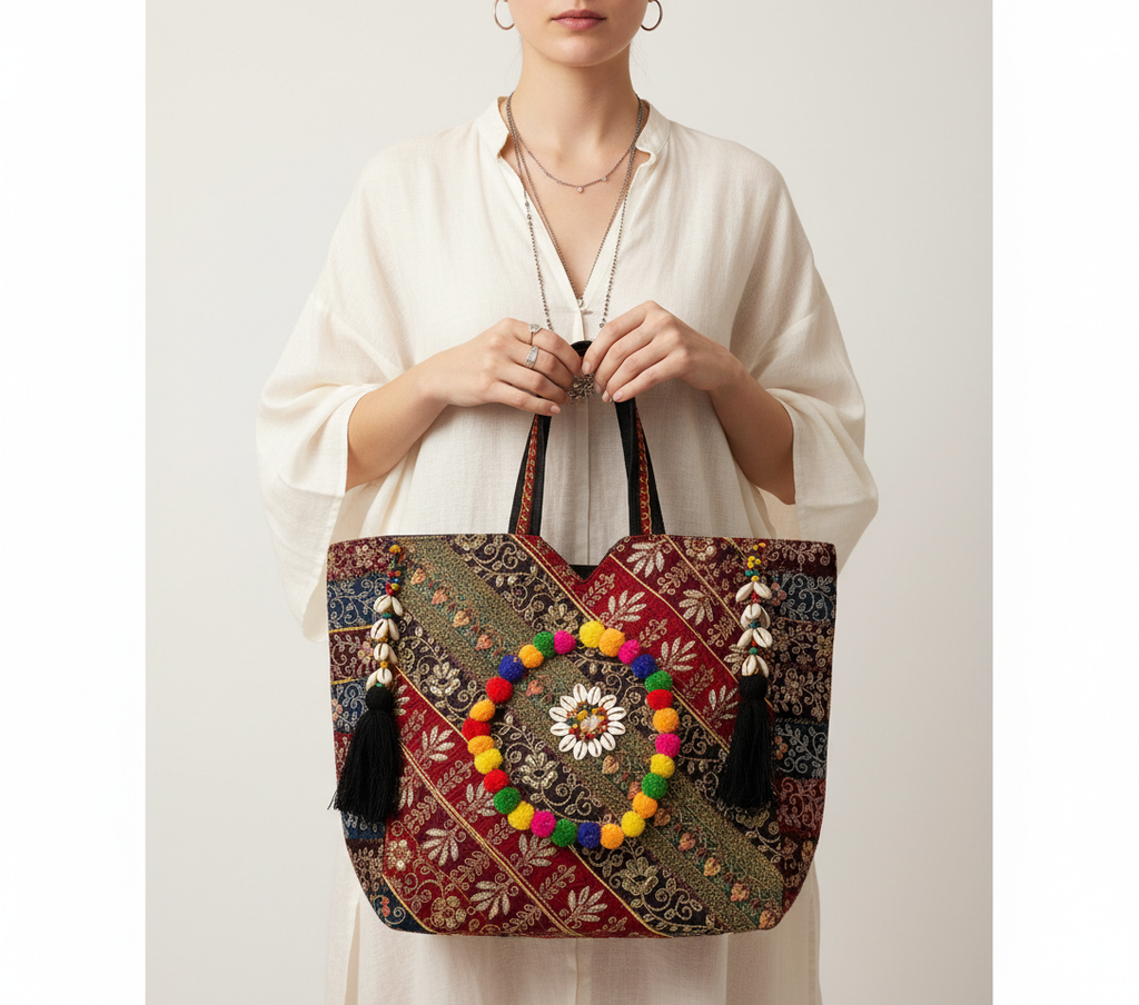 Gotta Patti Shell Tassel Crimson Festival tote bag styled on hook — Mystic Dhaga