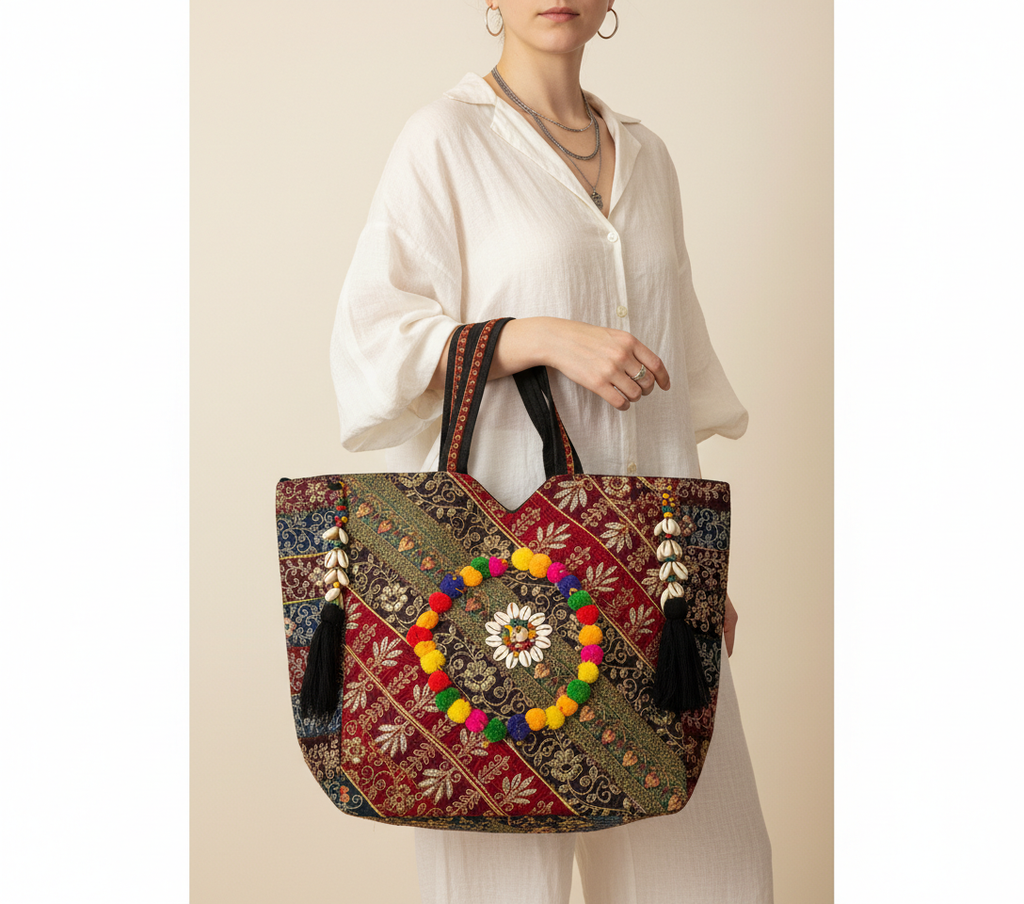 Gotta Patti Shell Tassel Crimson Festival tote bag flatlay composition
