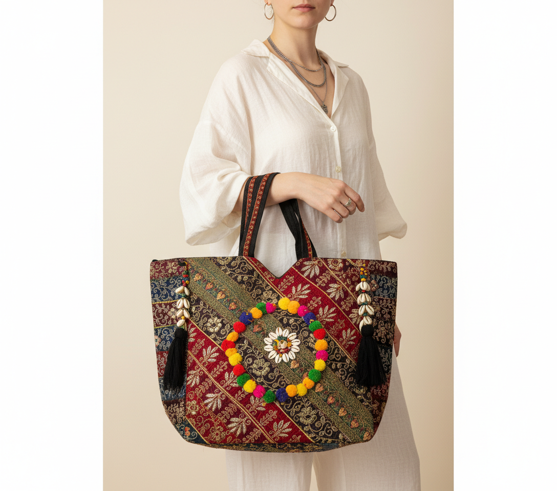 Gotta Patti Shell Tassel Crimson Festival tote bag flatlay composition