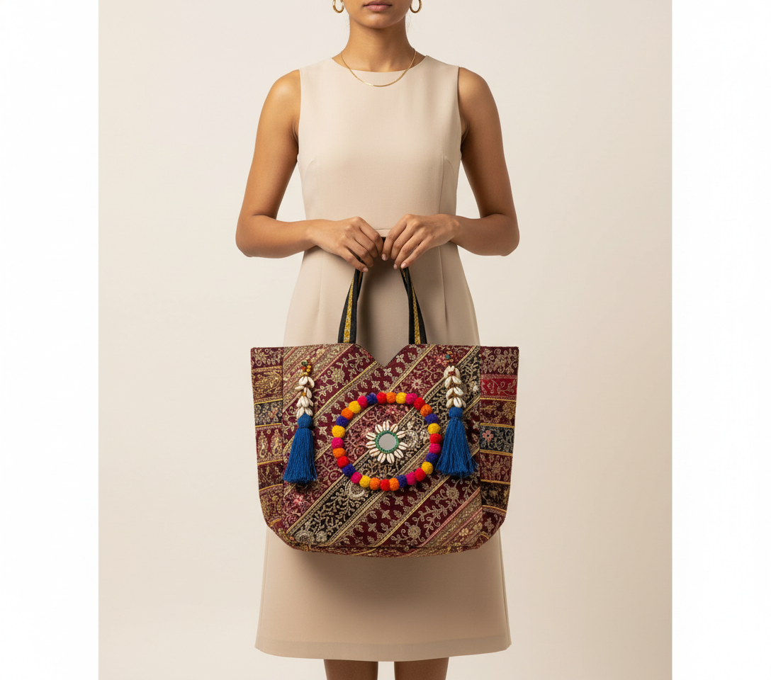 Gotta Patti Shell Tassel Turquoise Festival tote bag front view — Mystic Dhaga
