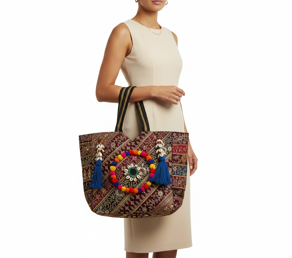 Gotta Patti Shell Tassel Turquoise Festival tote bag side view showing depth