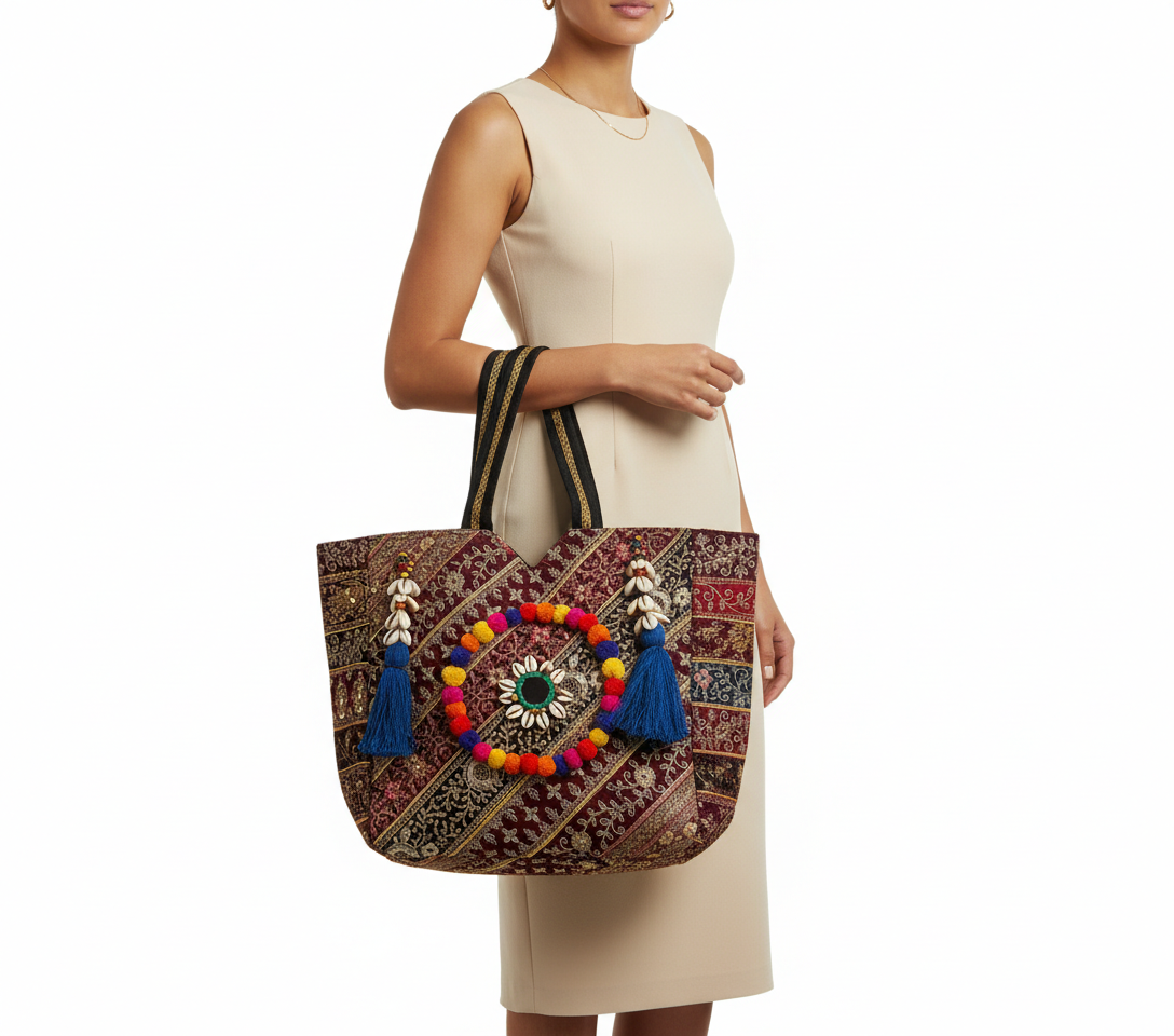 Gotta Patti Shell Tassel Turquoise Festival tote bag side view showing depth