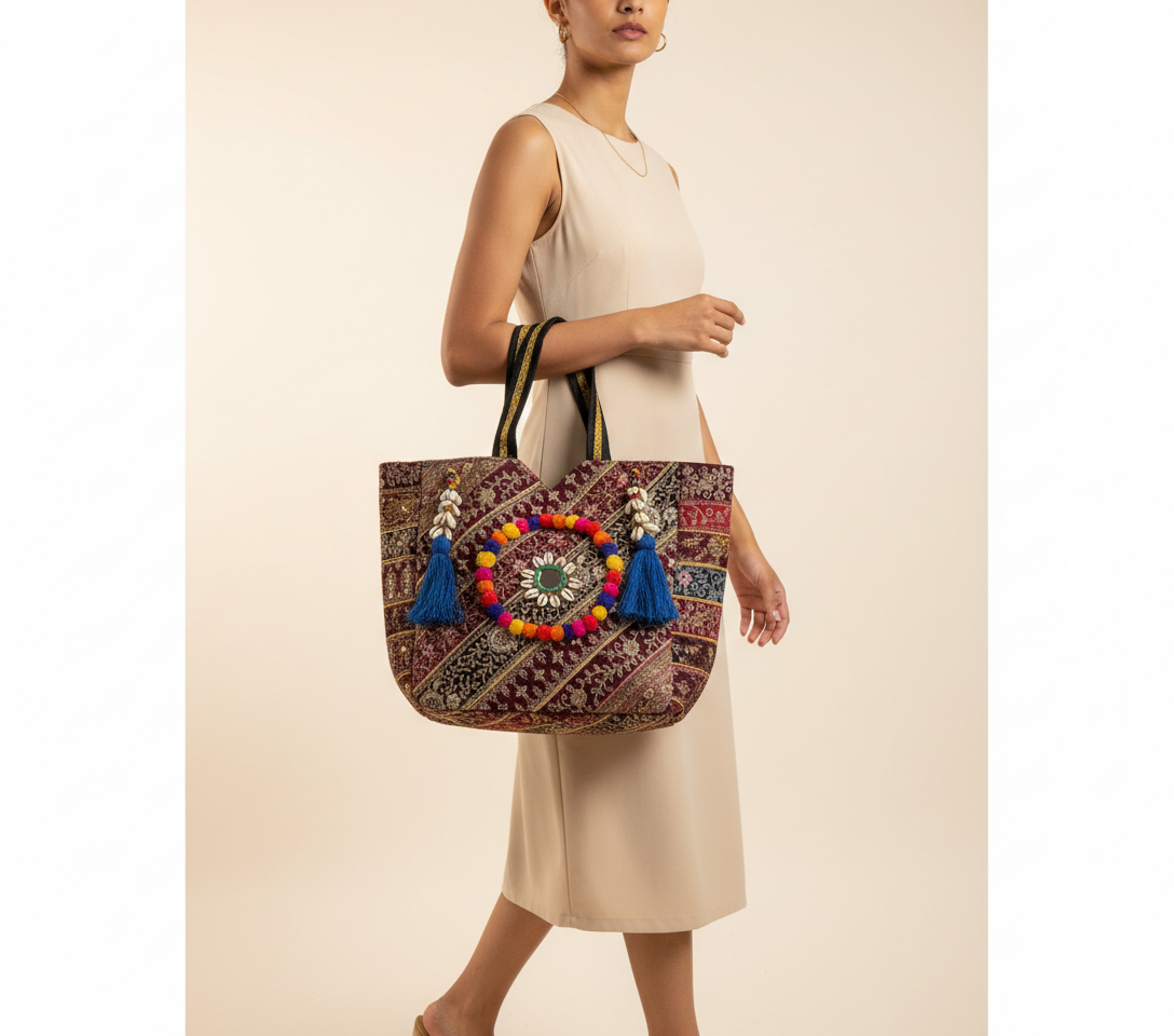 Gotta Patti Shell Tassel Turquoise Festival tote bag back view