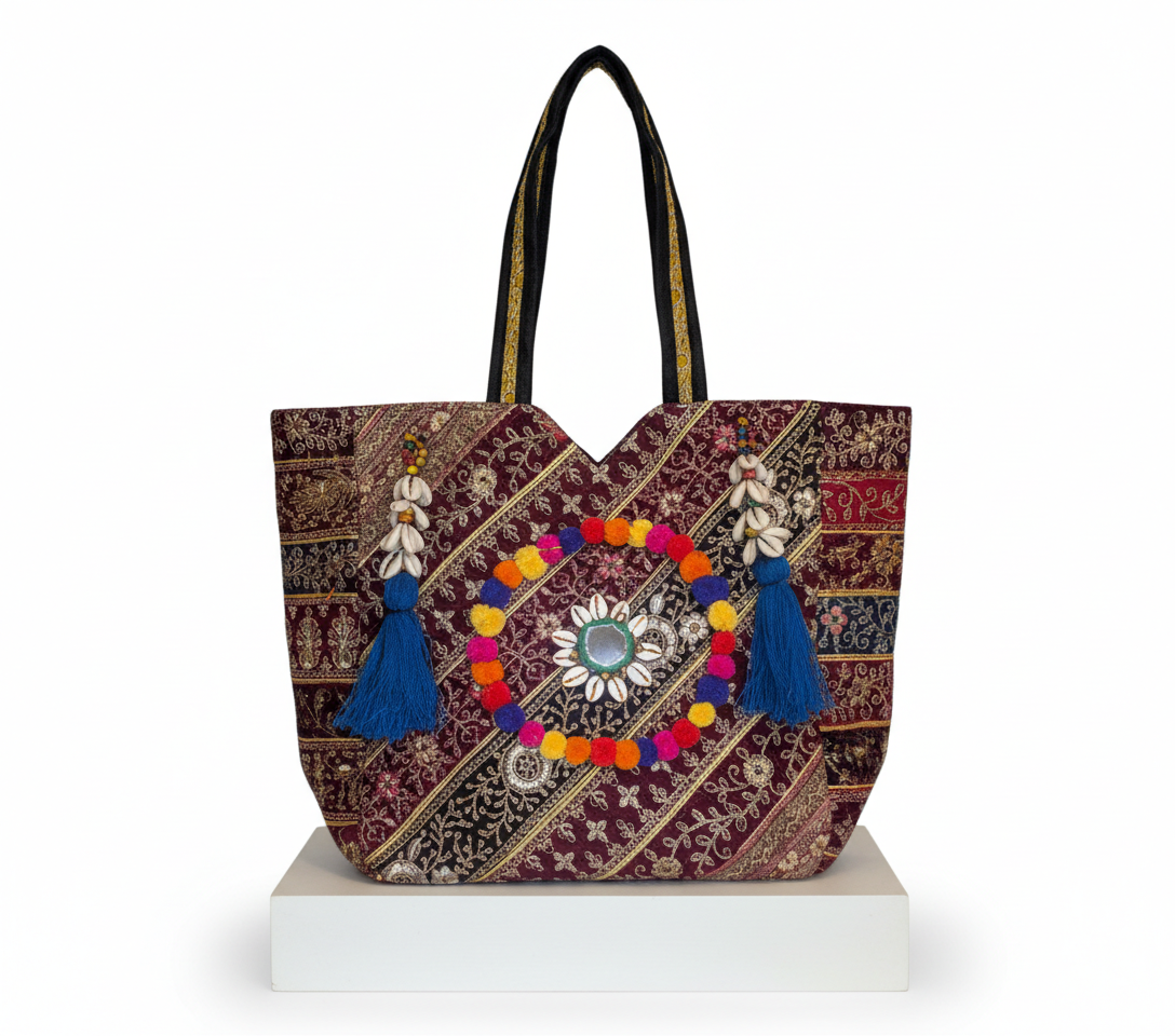 Gotta Patti Shell Tassel Turquoise Festival tote bag isometric angle