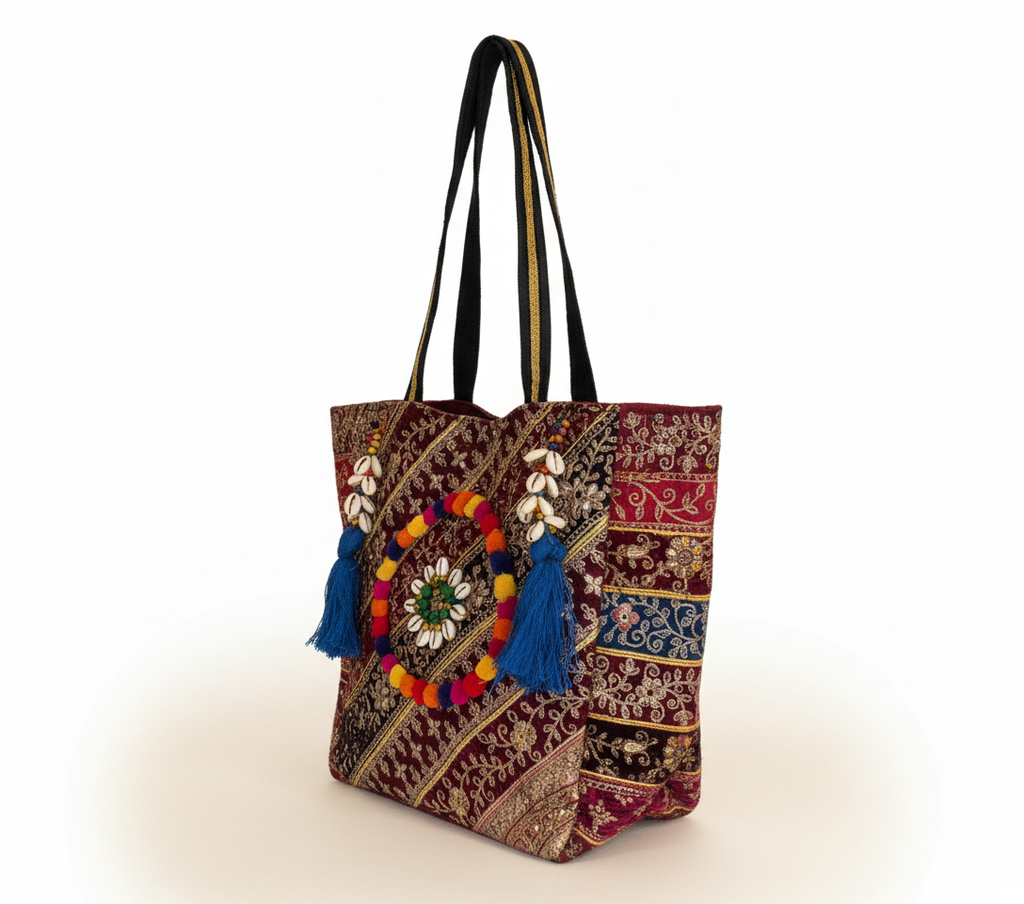 Model carrying Gotta Patti Shell Tassel Turquoise Festival tote bag — boho style