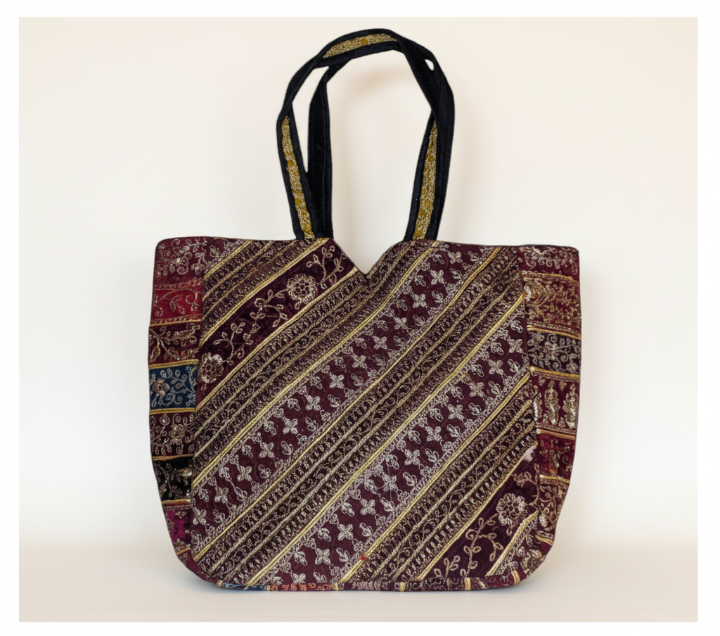 Model walking with Gotta Patti Shell Tassel Turquoise Festival tote bag — lifestyle shot