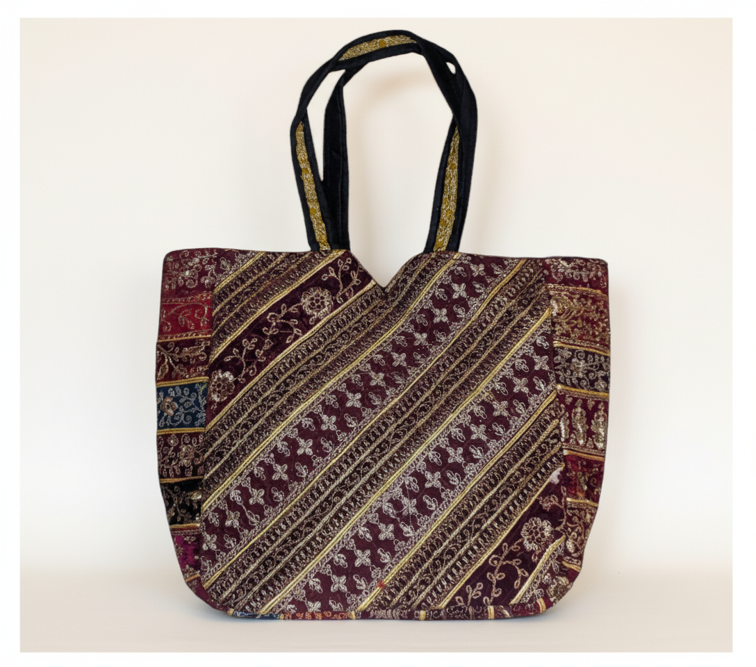 Model walking with Gotta Patti Shell Tassel Turquoise Festival tote bag — lifestyle shot