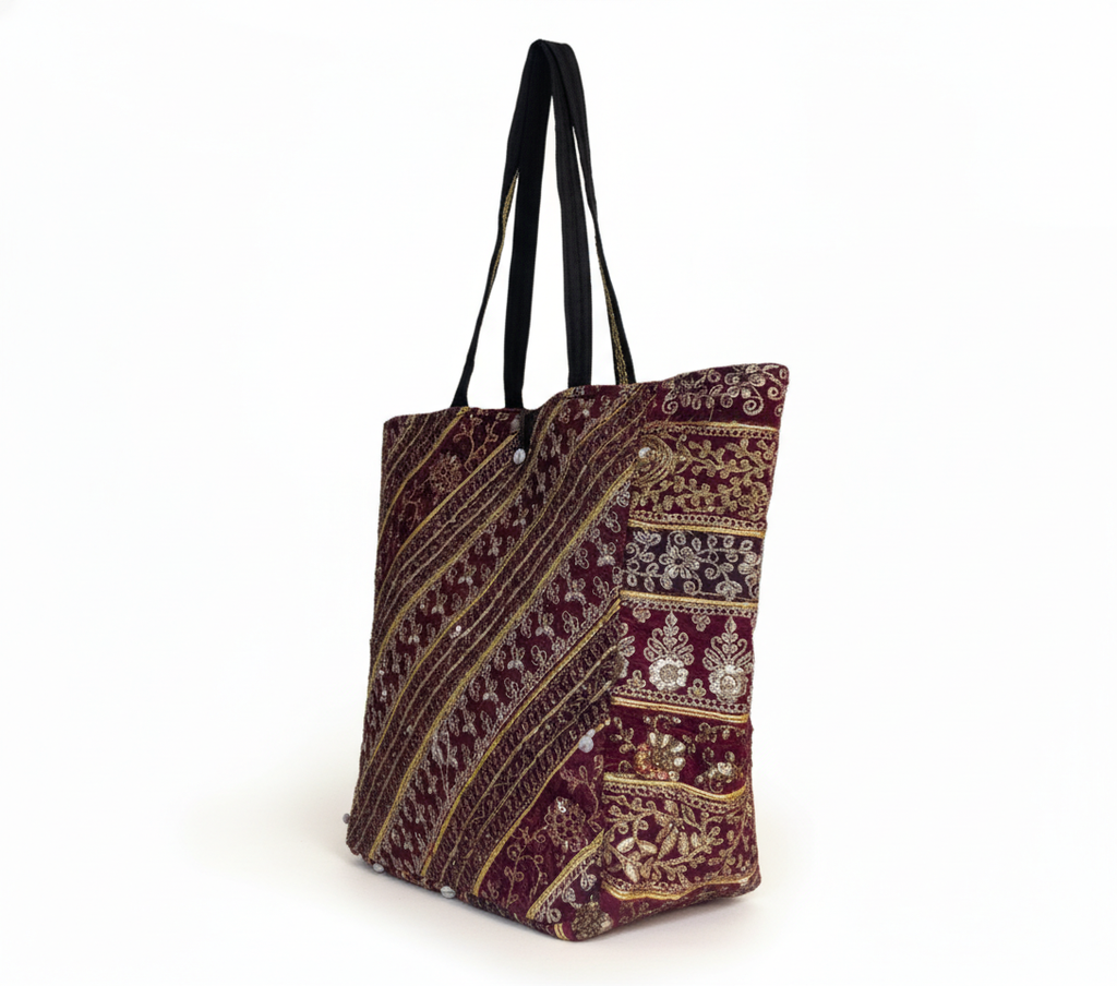 Gotta Patti Shell Tassel Turquoise Festival tote bag styled on hook — Mystic Dhaga