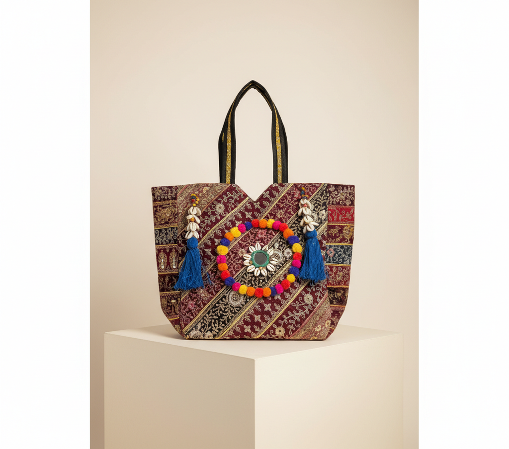 Gotta Patti Shell Tassel Turquoise Festival tote bag flatlay composition
