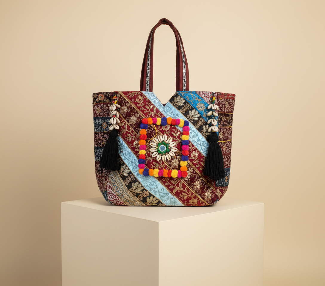 Gotta Patti Shell Tassel Celestial Festival tote bag front view — Mystic Dhaga