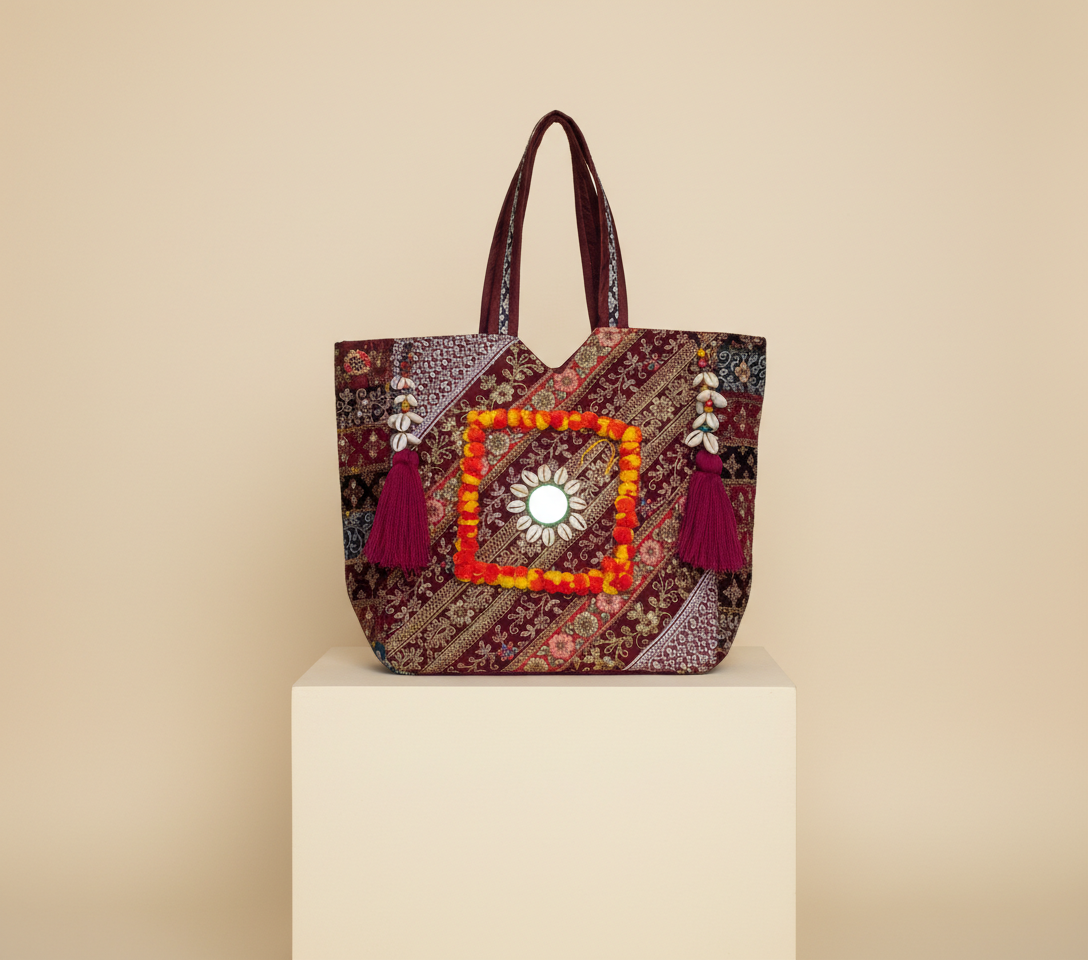 Gotta Patti Shell Tassel Wine Festival tote bag front view — Mystic Dhaga