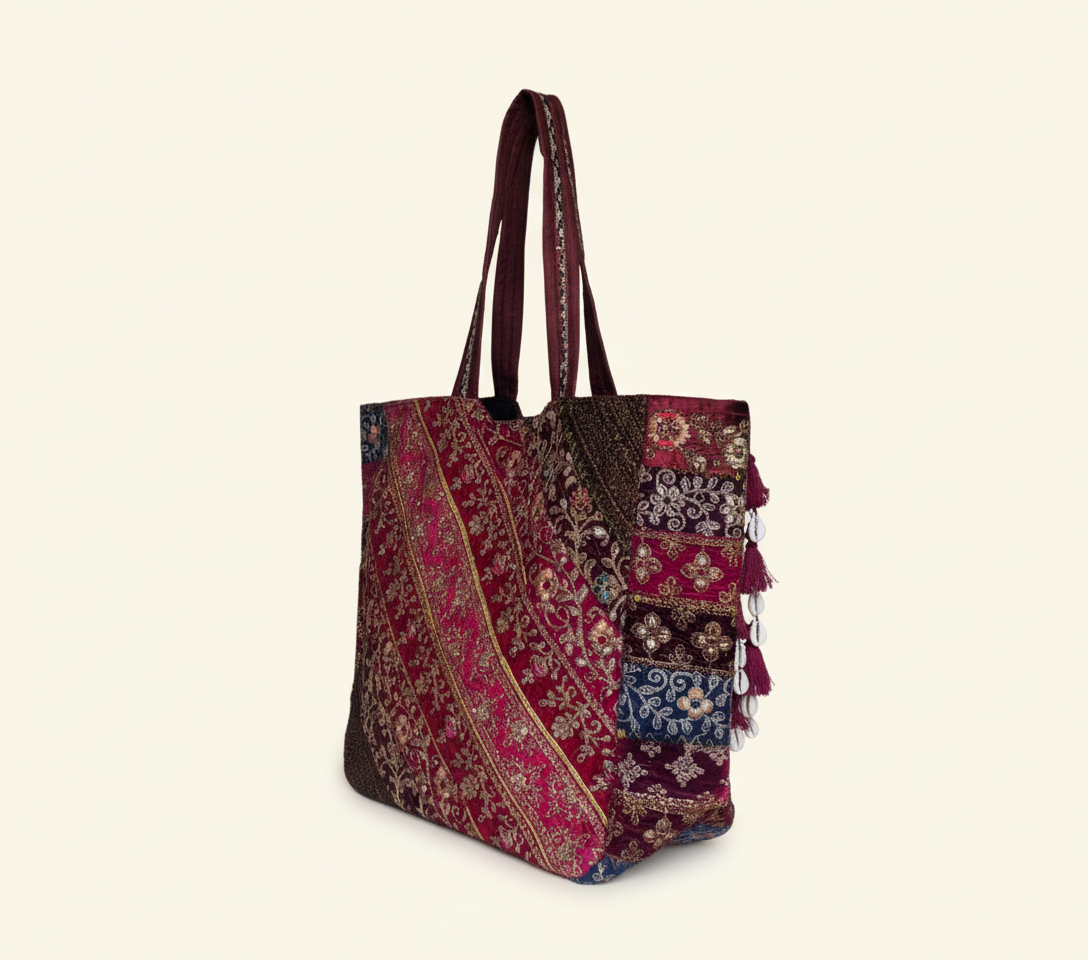 Gotta Patti Shell Tassel Wine Festival tote bag isometric angle