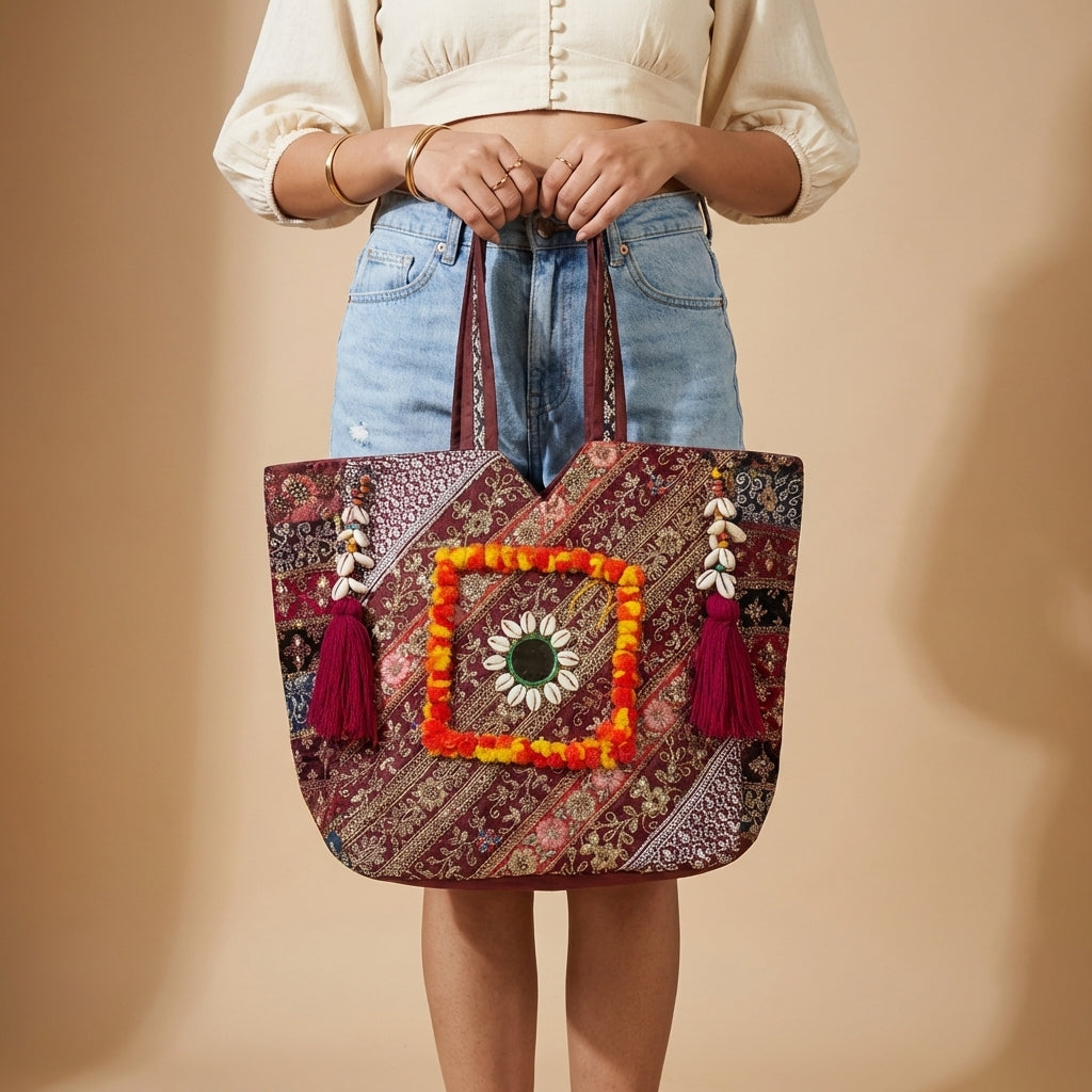 Model carrying Gotta Patti Shell Tassel Wine Festival tote bag — boho style