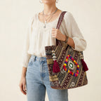 Gotta Patti Shell Tassel Garnet Festival tote bag front view — Mystic Dhaga