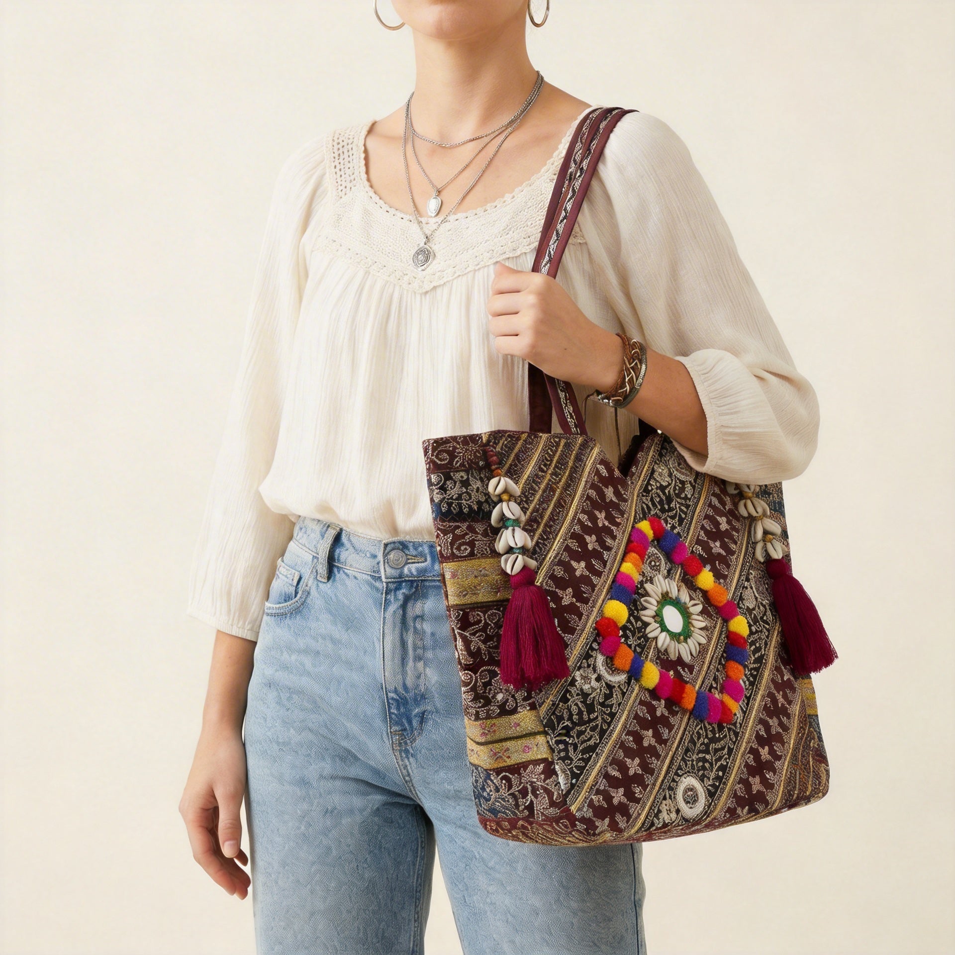 Gotta Patti Shell Tassel Garnet Festival tote bag front view — Mystic Dhaga