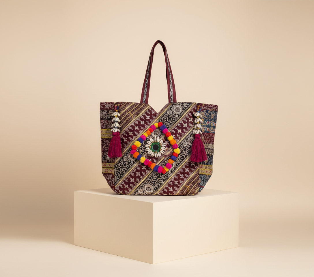 Gotta Patti Shell Tassel Garnet Festival tote bag side view showing depth