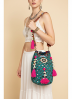 Shell Tassel Lagoon Bloom (Large) bucket bag front view — Mystic Dhaga