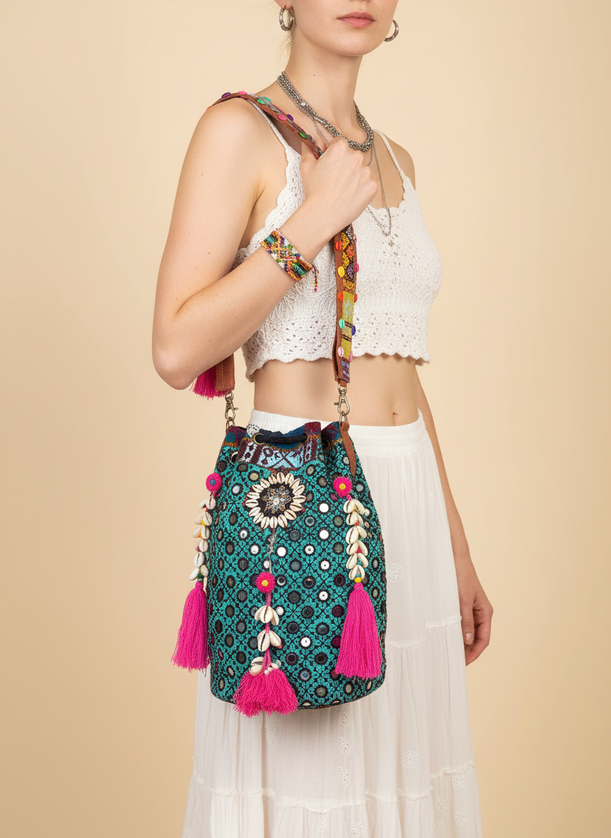 Shell Tassel Lagoon Bloom (Large) bucket bag side view showing depth