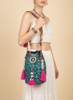 Shell Tassel Lagoon Bloom (Large) bucket bag side view showing depth