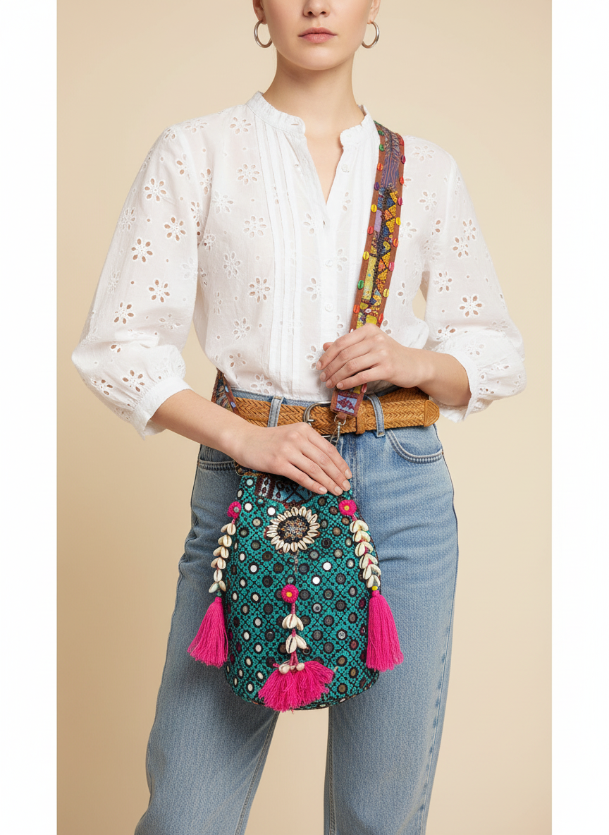 Shell Tassel Lagoon Bloom (Large) bucket bag back view