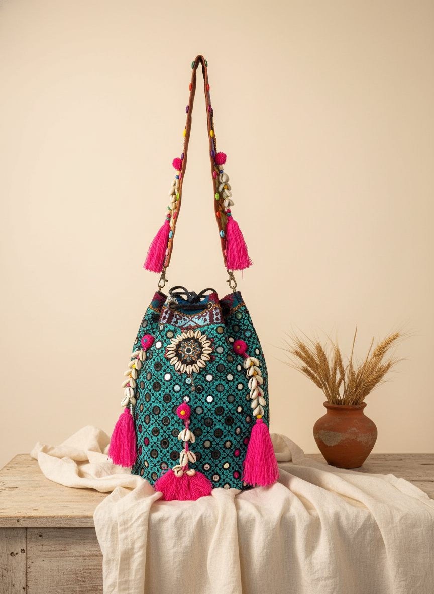 Shell Tassel Lagoon Bloom (Large) bucket bag isometric angle
