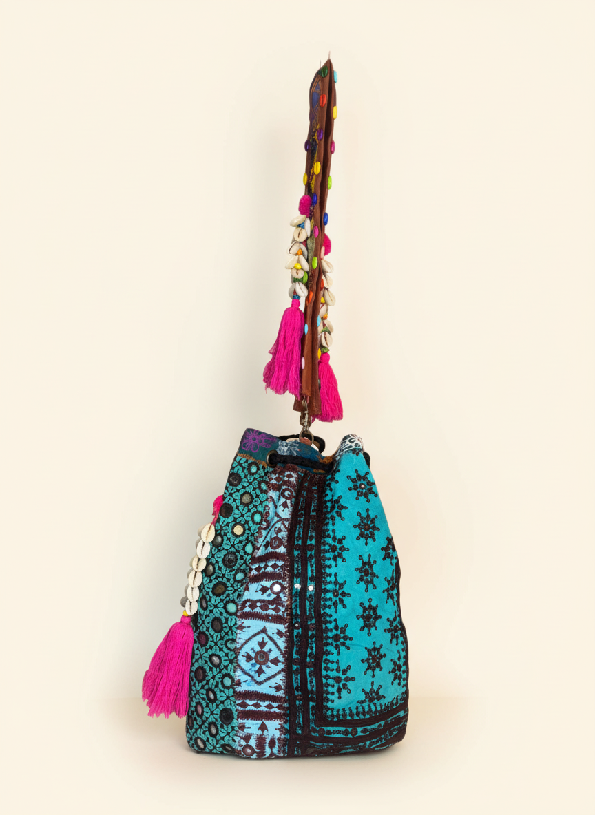Model walking with Shell Tassel Lagoon Bloom (Large) bucket bag — lifestyle shot