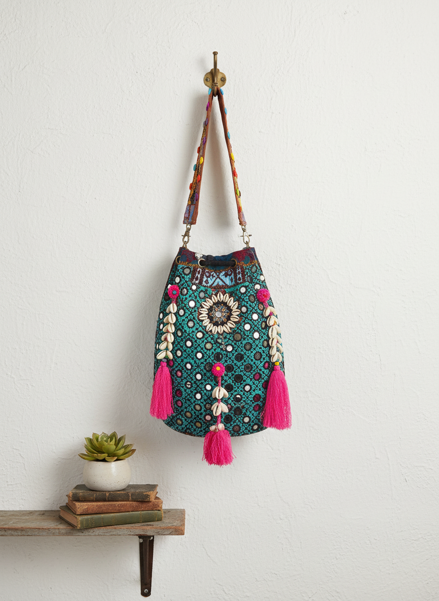 Shell Tassel Lagoon Bloom (Large) bucket bag styled on hook — Mystic Dhaga