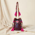 Shell Tassel Indigo Dahlia (Medium) bucket bag front view — Mystic Dhaga