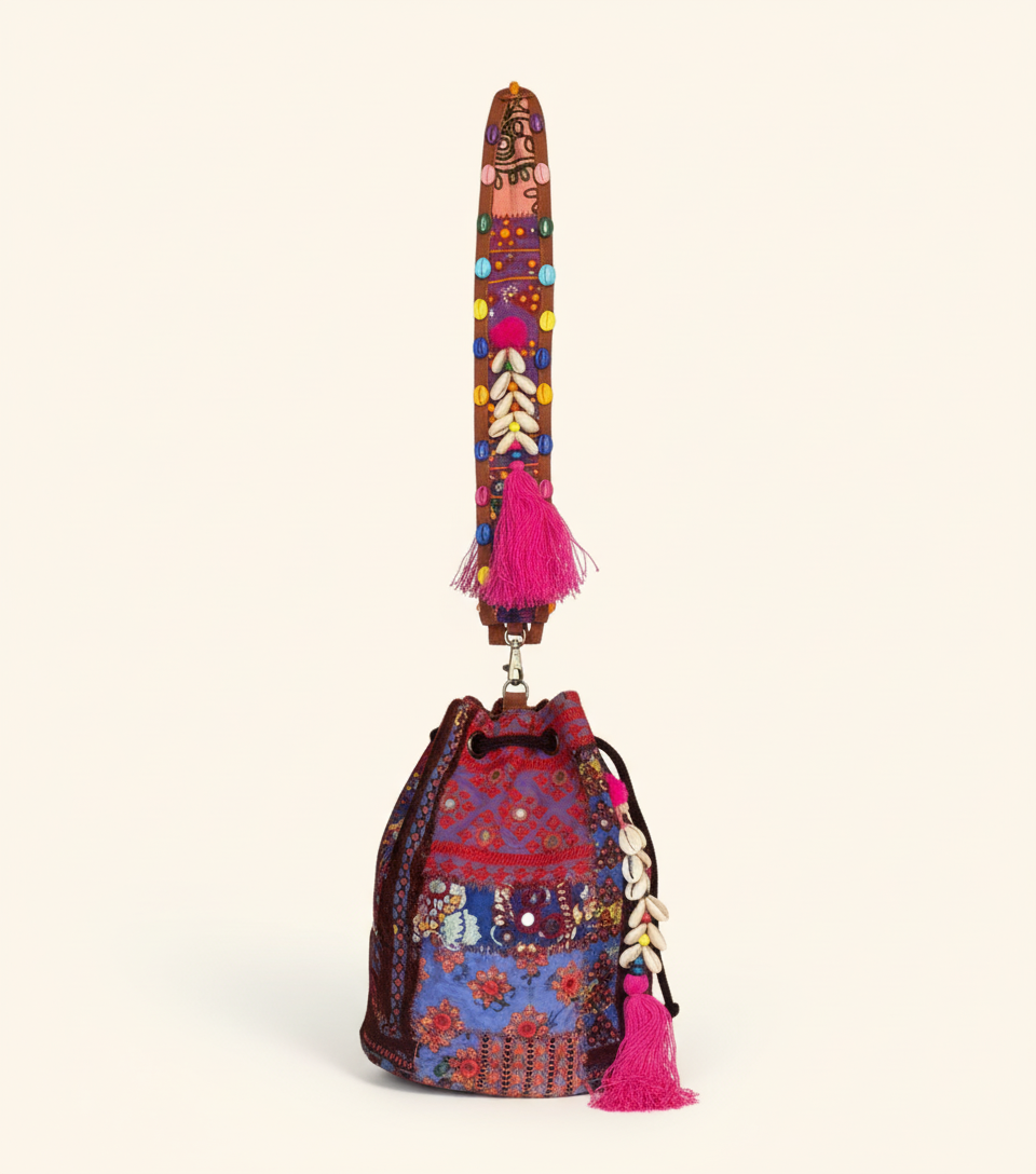 Shell Tassel Indigo Dahlia (Medium) bucket bag side view showing depth