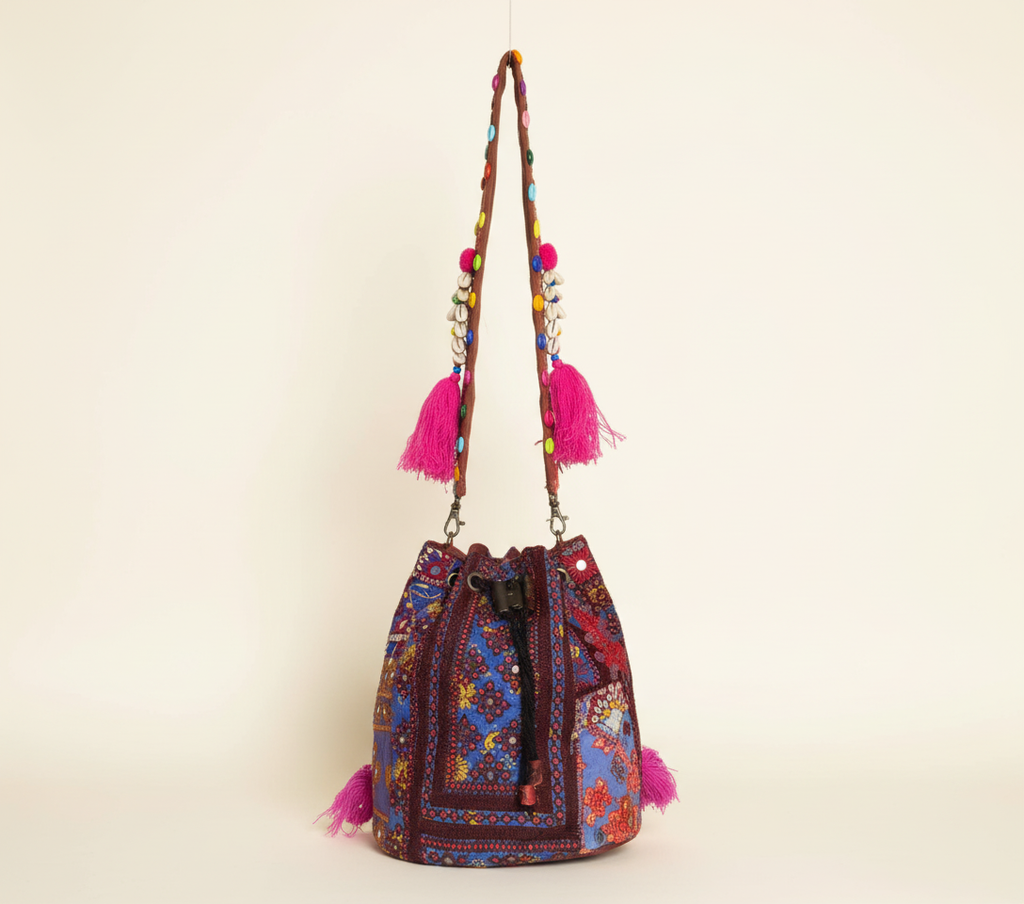 Shell Tassel Indigo Dahlia (Medium) bucket bag isometric angle