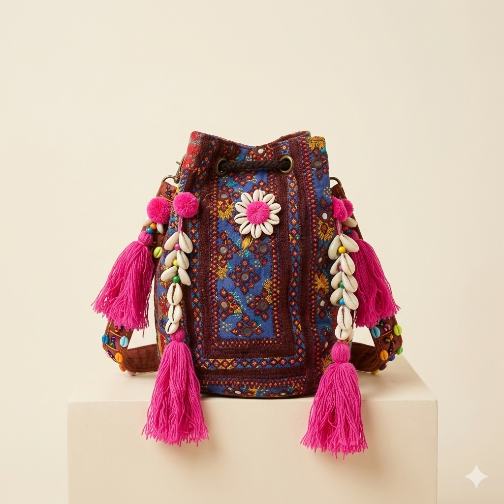 Close-up of Indigo Dahlia cowrie shell & tassel detail