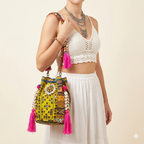 Shell Tassel Citrus Bloom (Medium) bucket bag front view — Mystic Dhaga