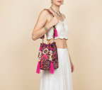 Shell Tassel Garnet Arch (Medium) bucket bag front view — Mystic Dhaga