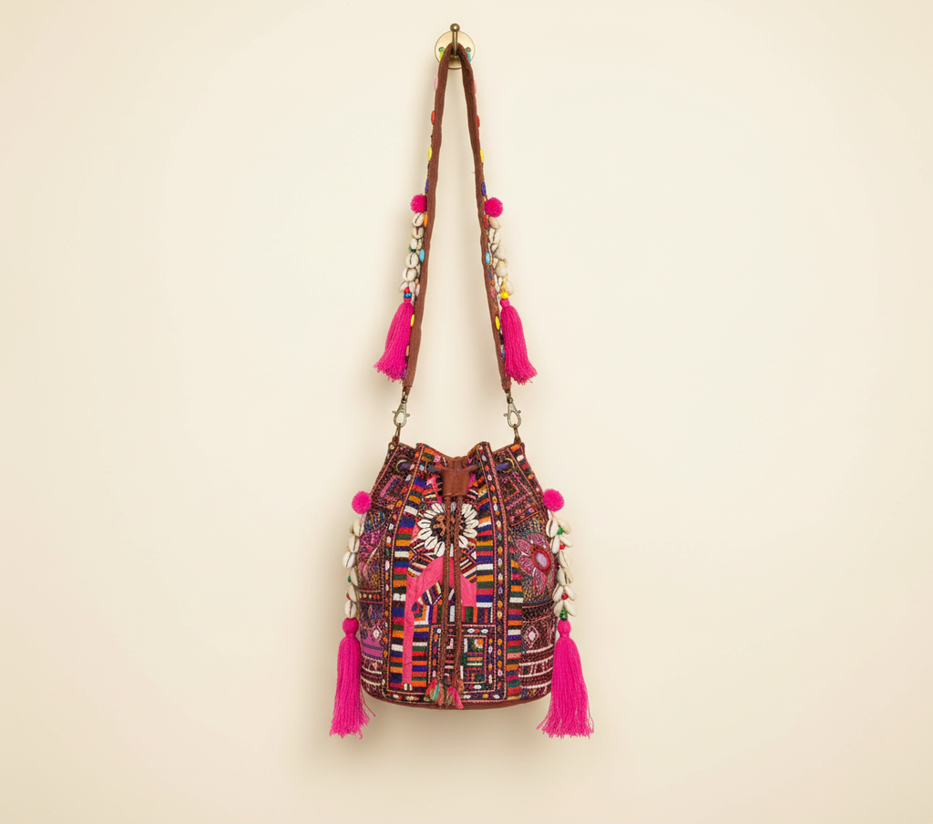 Shell Tassel Garnet Arch (Medium) bucket bag side view showing depth