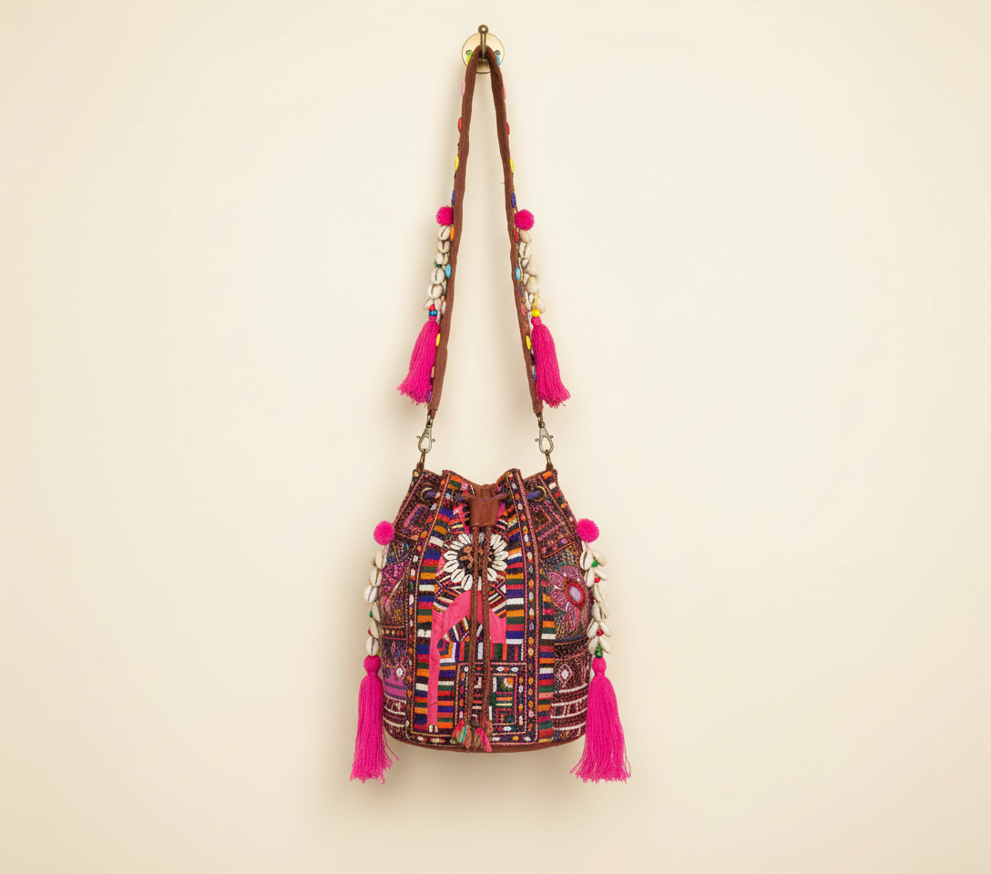 Shell Tassel Garnet Arch (Medium) bucket bag side view showing depth