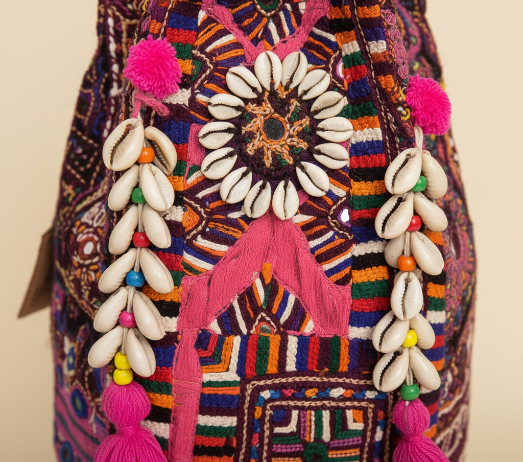 Close-up of Garnet Arch cowrie shell & tassel detail