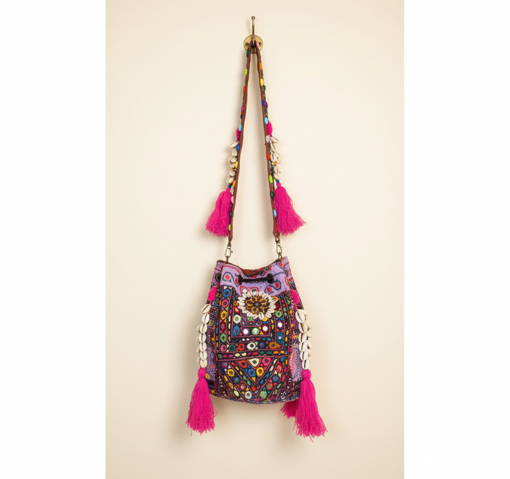Shell Tassel Lilac Prism (Medium) bucket bag side view showing depth