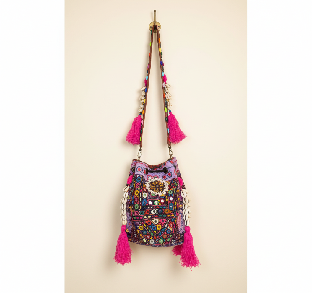 Shell Tassel Lilac Prism (Medium) bucket bag side view showing depth
