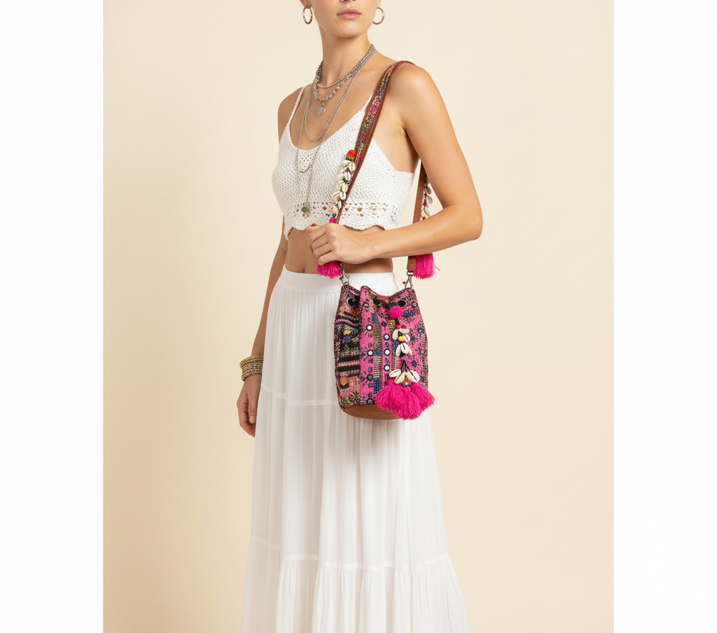 Shell Tassel Fuchsia Spark (Mini) bucket bag front view — Mystic Dhaga