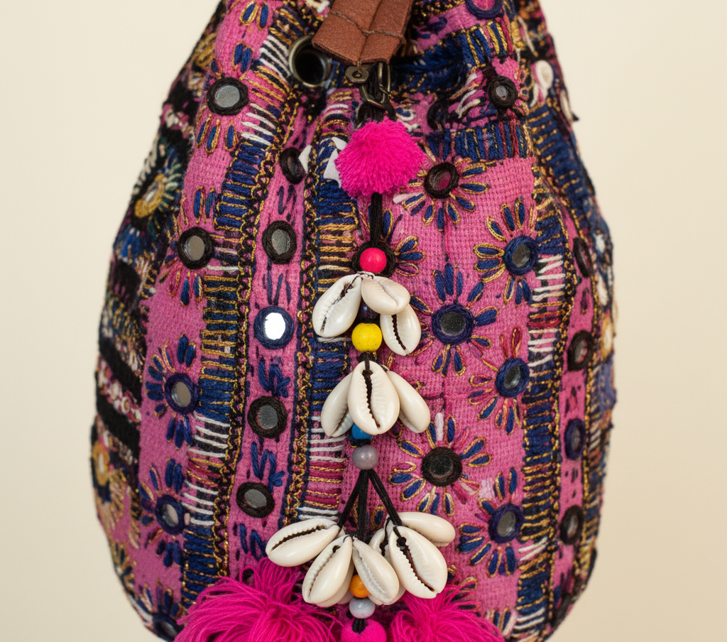 Shell Tassel Fuchsia Spark (Mini) bucket bag back view