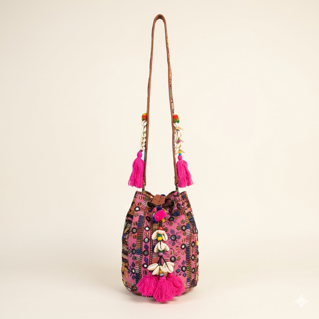 Model walking with Shell Tassel Fuchsia Spark (Mini) bucket bag — lifestyle shot