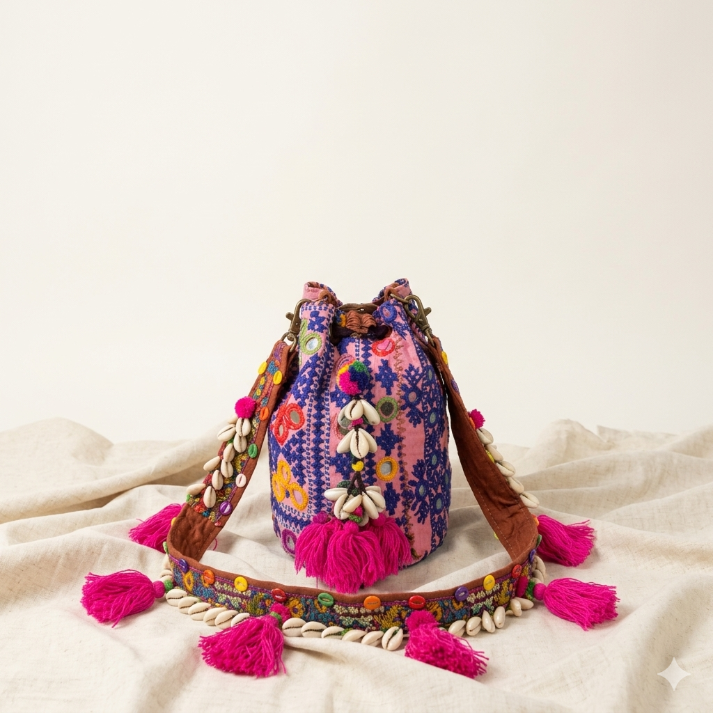 Shell Tassel Indigo Ring (Mini) bucket bag side view showing depth