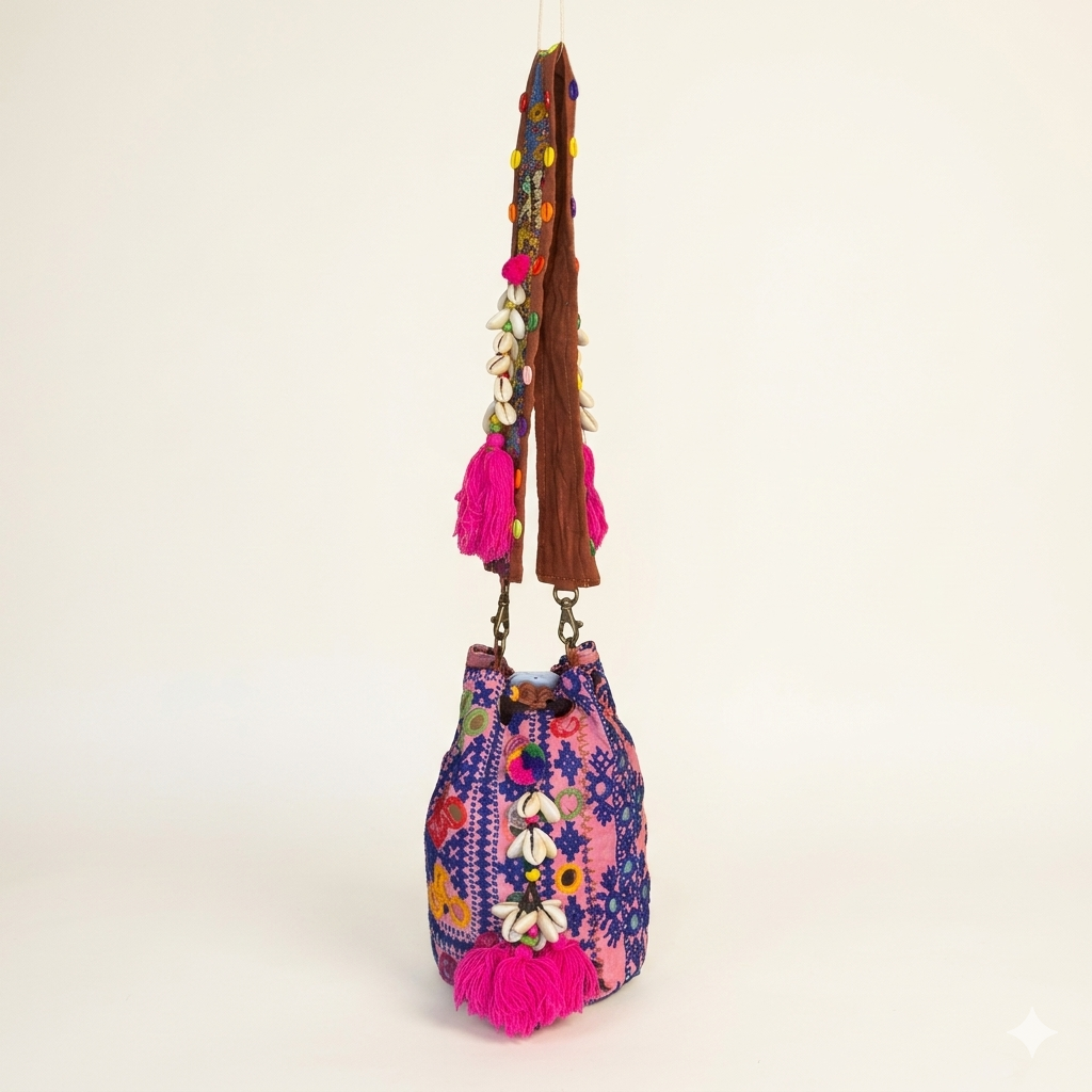 Shell Tassel Indigo Ring (Mini) bucket bag back view