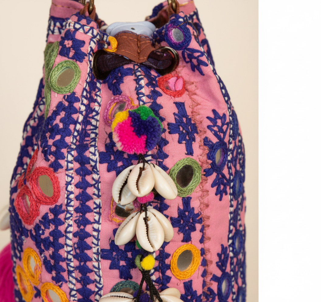 Shell Tassel Indigo Ring (Mini) bucket bag isometric angle