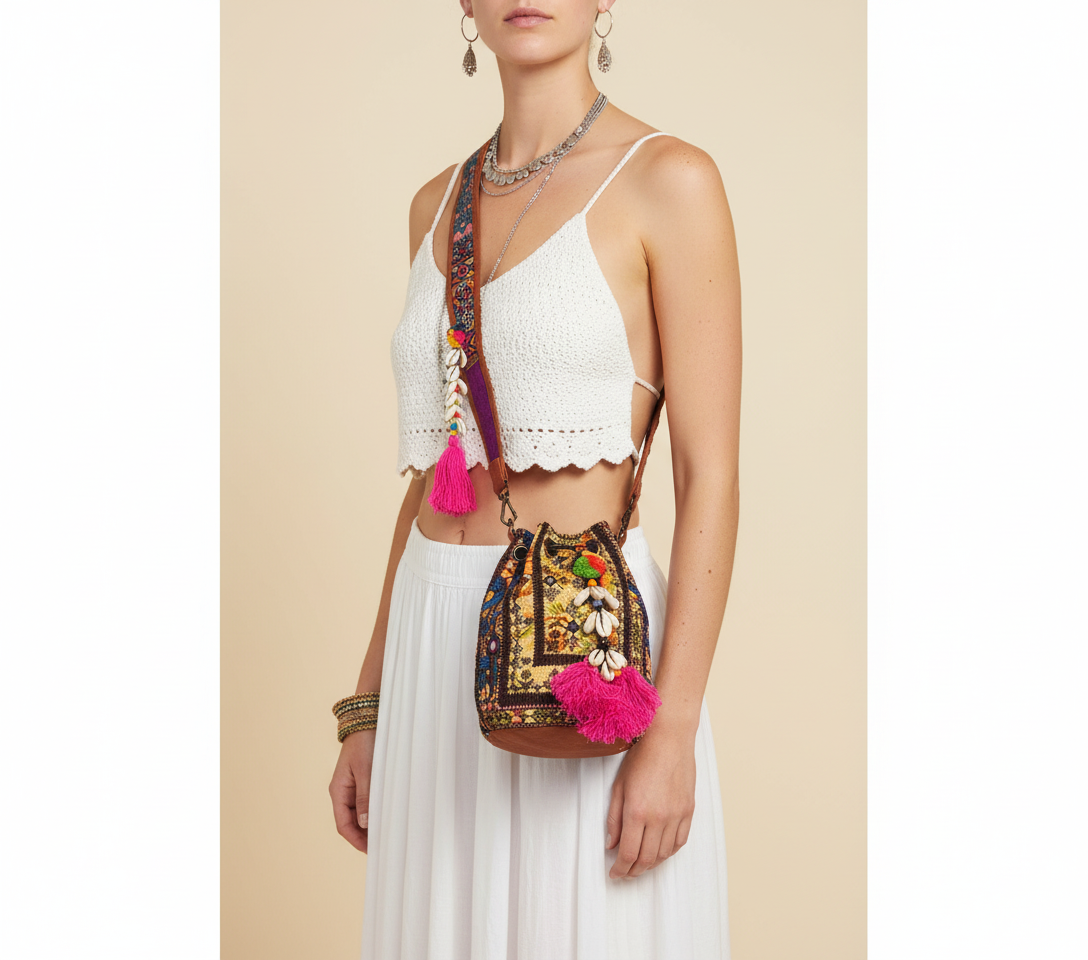 Shell Tassel Amber Heirloom (Mini) bucket bag front view — Mystic Dhaga