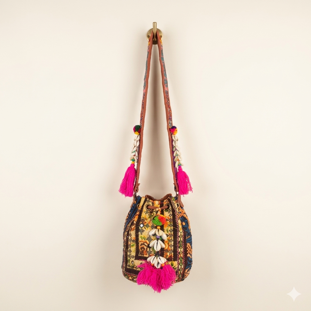 Shell Tassel Amber Heirloom (Mini) bucket bag side view showing depth
