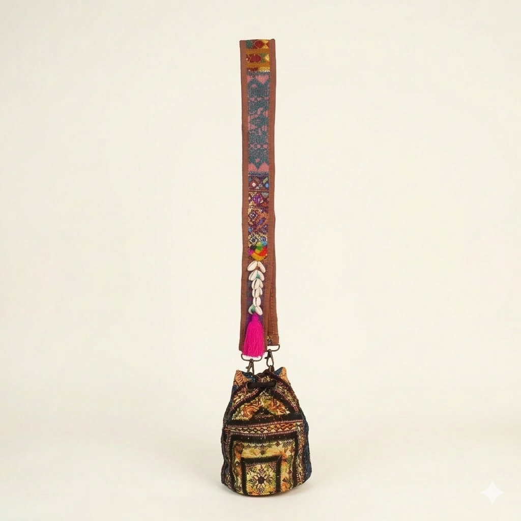 Model carrying Shell Tassel Amber Heirloom (Mini) bucket bag — boho style