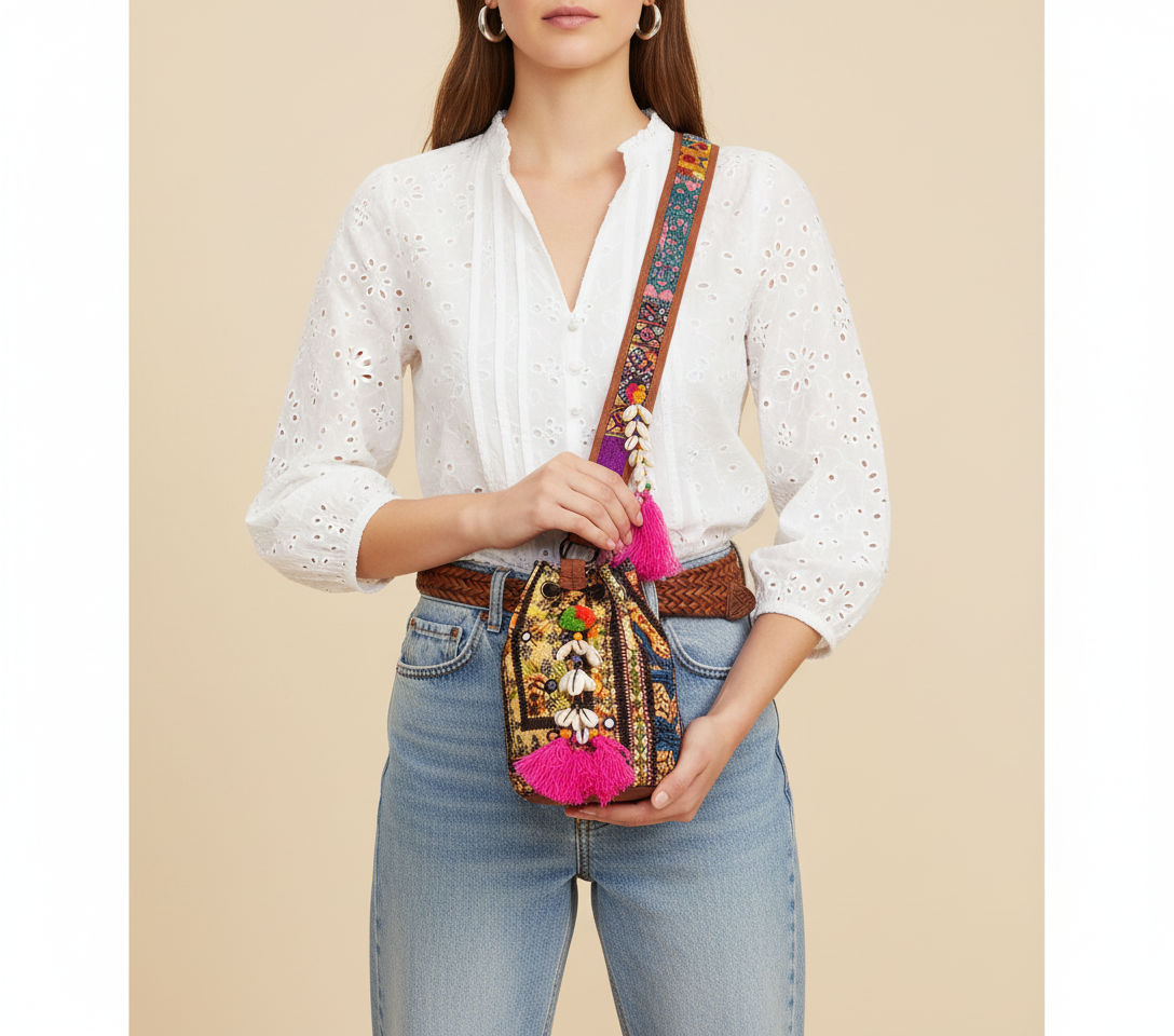 Model walking with Shell Tassel Amber Heirloom (Mini) bucket bag — lifestyle shot