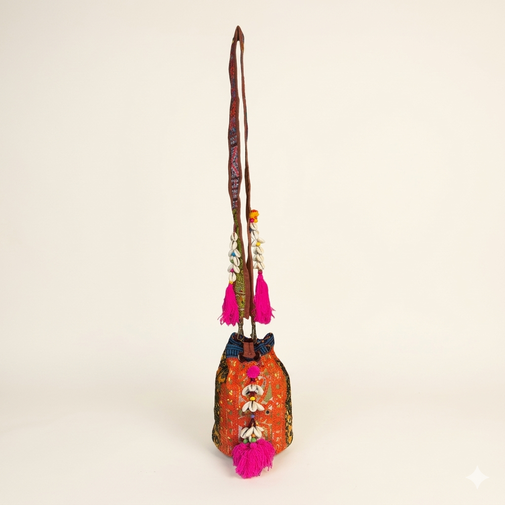 Shell Tassel Tangerine Spark (Mini) bucket bag side view showing depth