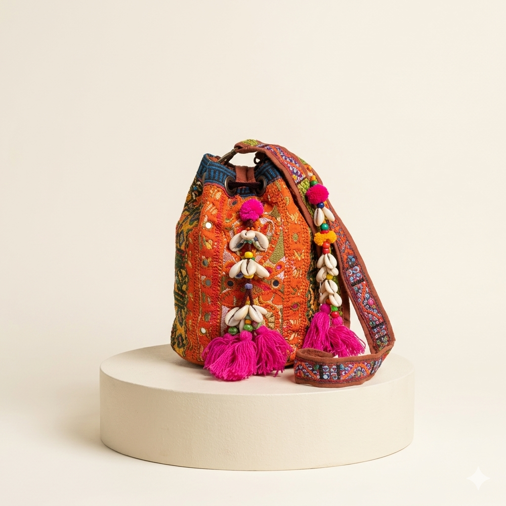 Model walking with Shell Tassel Tangerine Spark (Mini) bucket bag — lifestyle shot